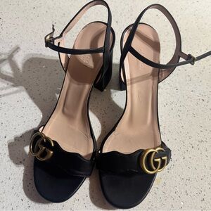 Gucci Black Heeled Sandals with Gold Logo